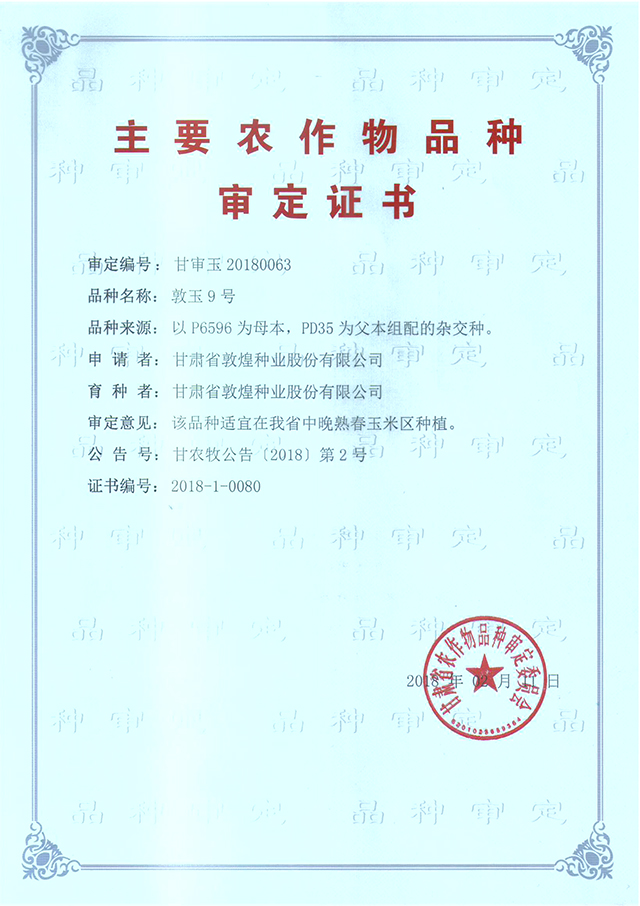 敦玉9號審定證書